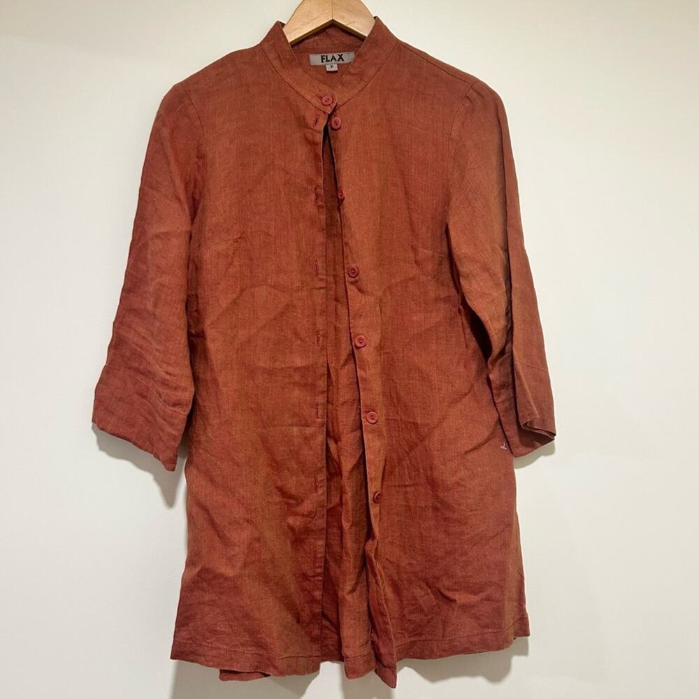 FLAX Burnt Orange Button Down Linen Tunic Shirt Casual Shirt Size P or 4-6